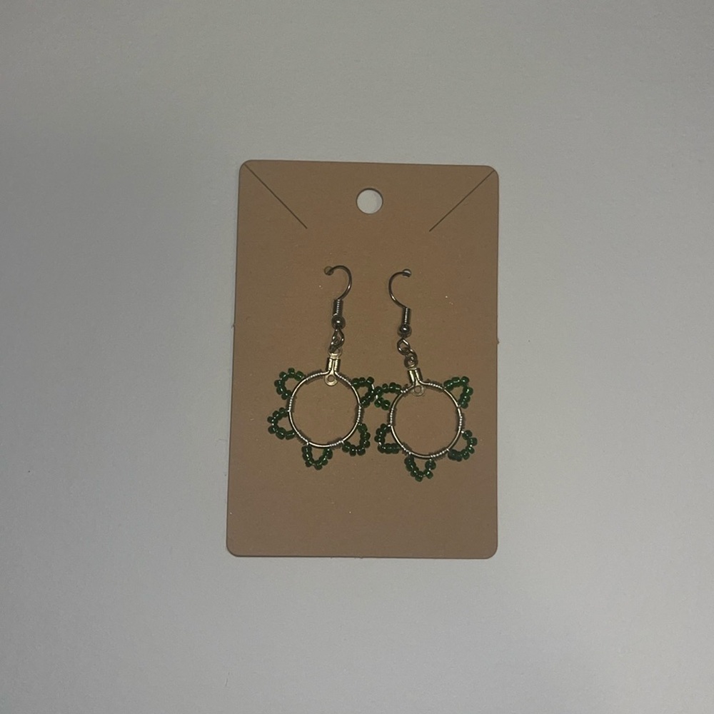 Gold and green beaded handmade circular earrings